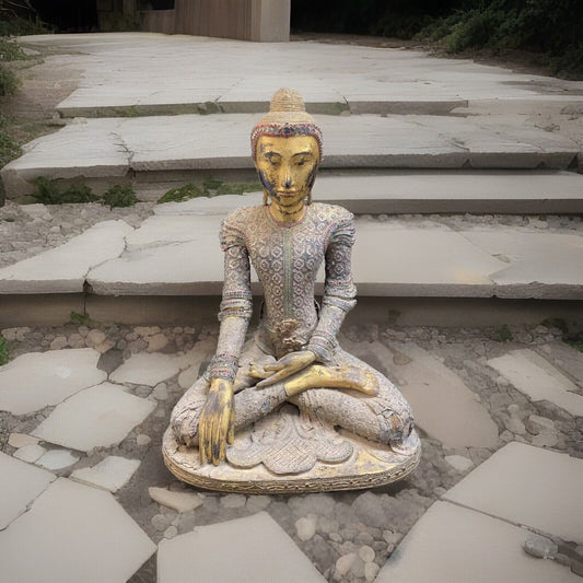 Thai Gilt Wood Seated Buddha Statue w/ Leather & Jewel Adornment