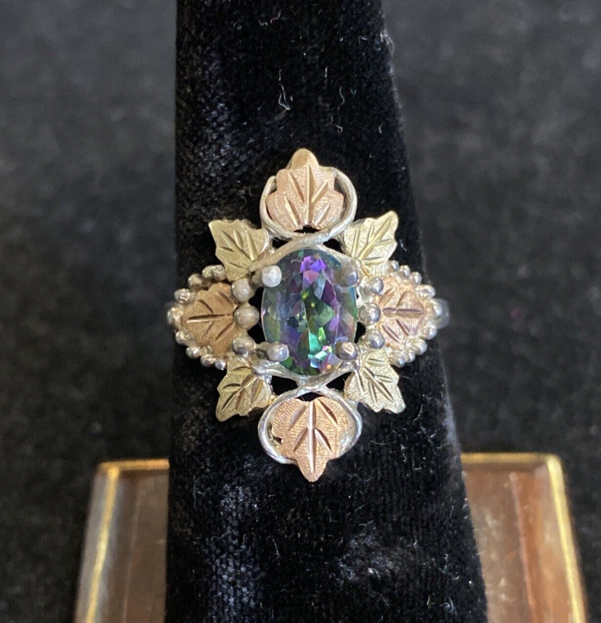 Sterling Silver 925  & Rose Gold Mystic Topaz Stone Leaf Ring Sz6.75 JM13