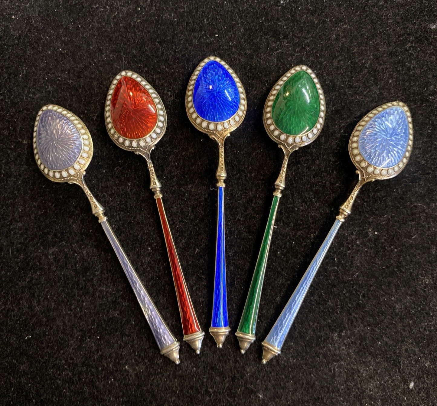 5x NORWEGIAN STERLING GUILLOCHE ENAMEL COFFEE SPOONS by MARIUS HAMMER 41g