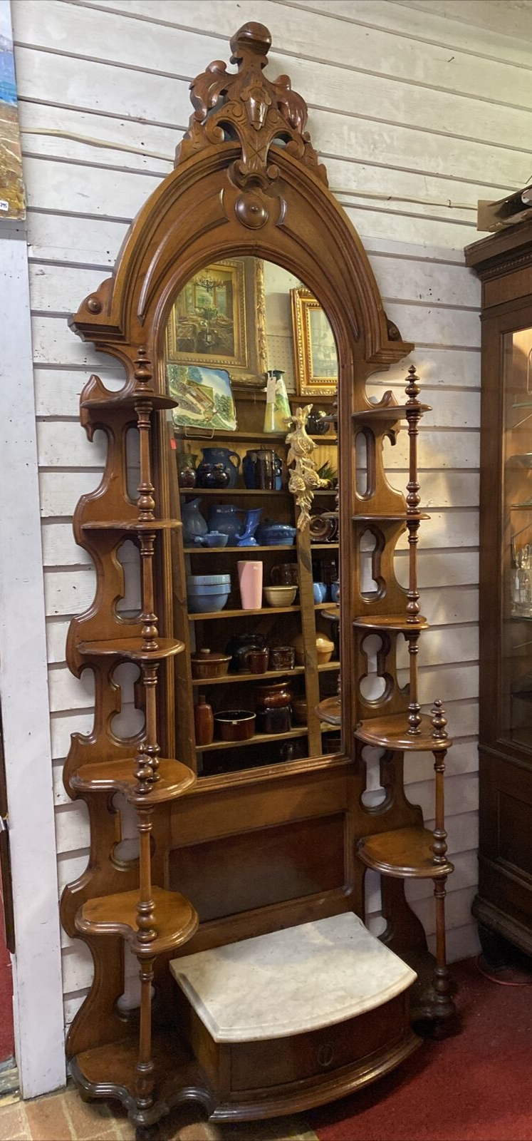 101" Tall Antique American Victorian Walnut Hall Tree Etagere w Mirror & Marble