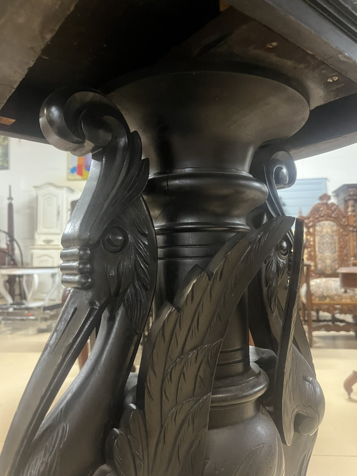 Antique Ebonized Black Wood Pedestal Plant Stand 2 Cranes FS16