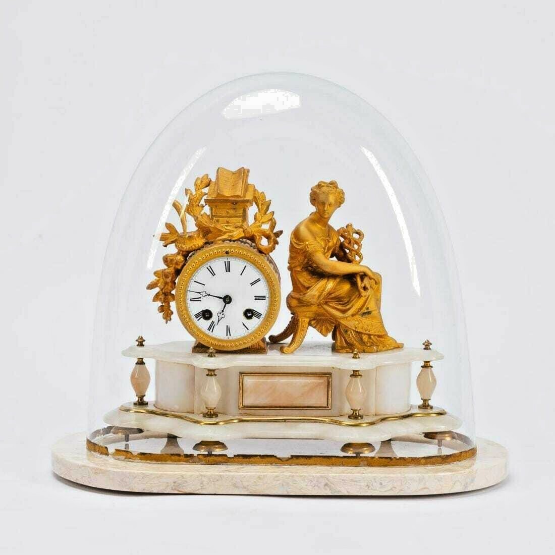 FRENCH FIGURAL GILT & ONYX GLASS DOME CLOCK 1875 Lenzkirch