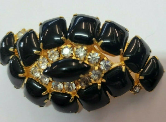 Vintage 3-D Onyx Black & Rhinestone Large Pin Brooch  2.5" x 1.5"