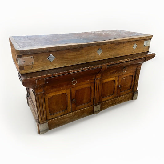 ANTIQUE FRENCH CARVED MIXED WOOD BUTCHER'S BLOCK WORK TABLE ISLAND 61" x 21"