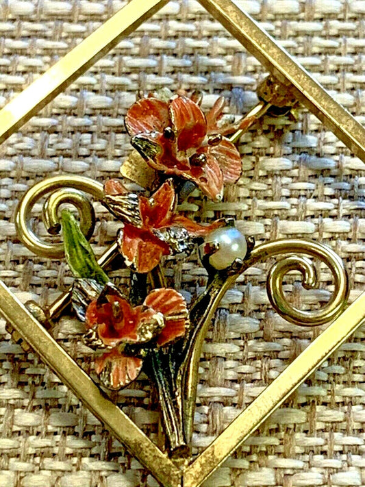 Vintage Dixelle Dainty 12k GF Sterling Trim  Sq Brooch Pin Pearl Enamel Flowers