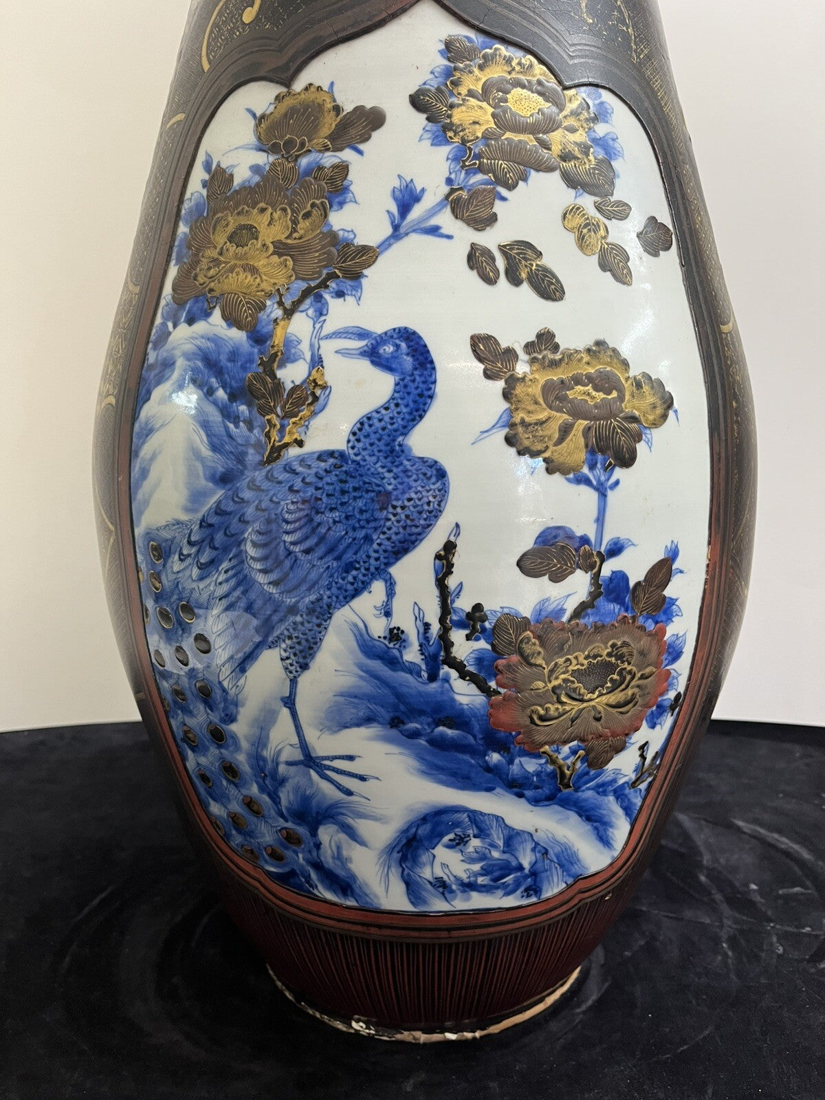 41" IMPRESSIVE MEIJI JAPANESE LACQUER COATED PORCELAIN PALACE VASE  FS1