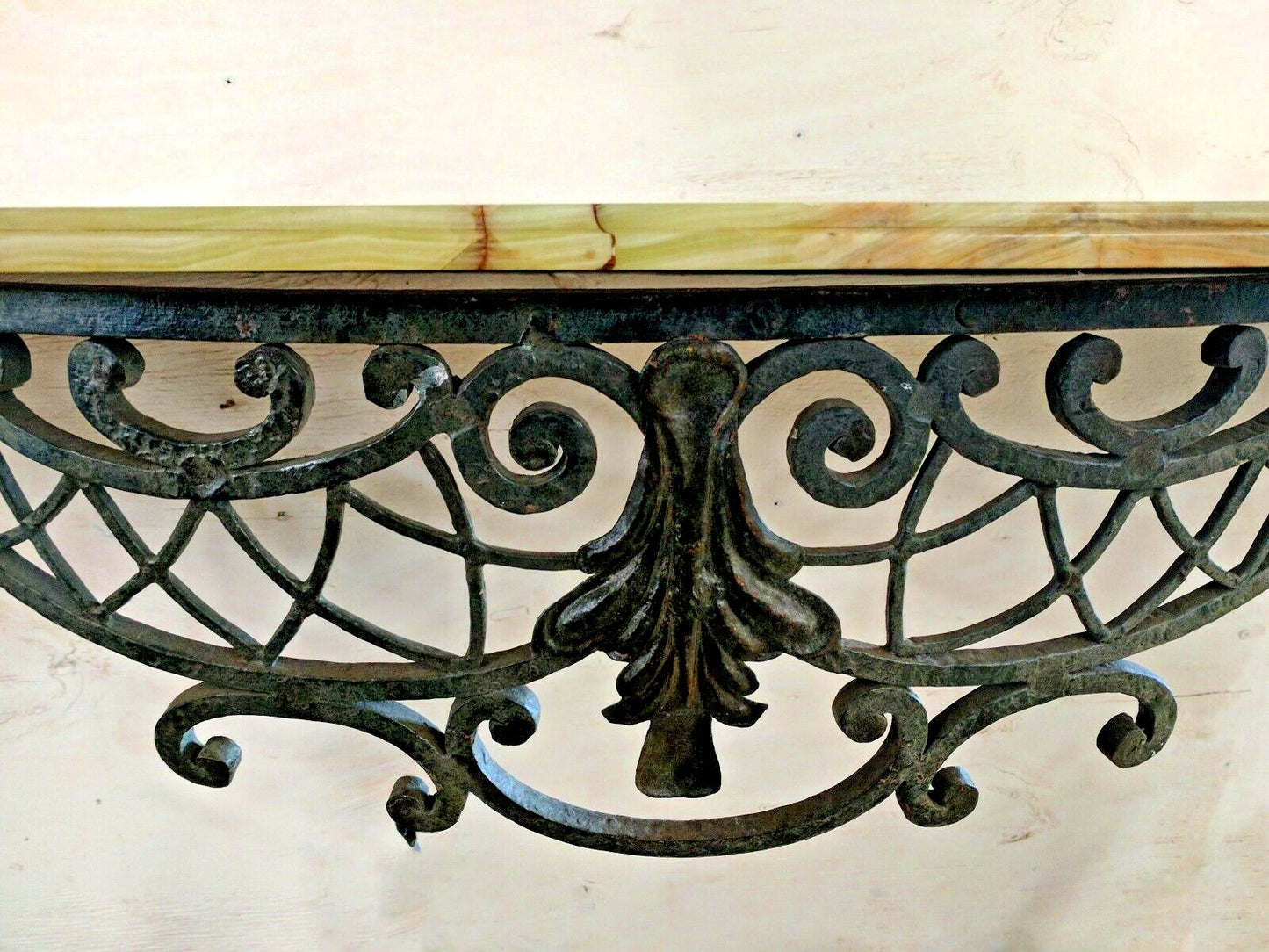 Antique French Rococo Style Scrolled Iron Console W61" Marble Onyx Attaches Wall