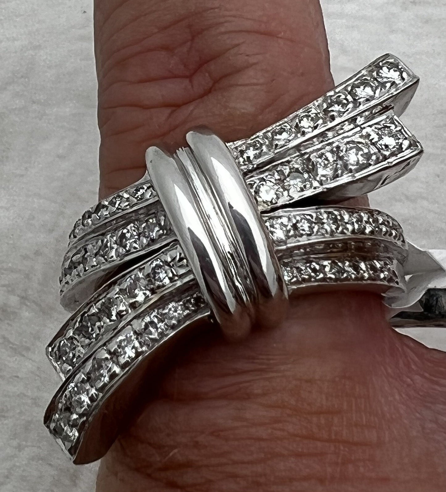 14K White Gold,Diamond By Pass or Bow Tie Ring Size 7, 11.8 grams