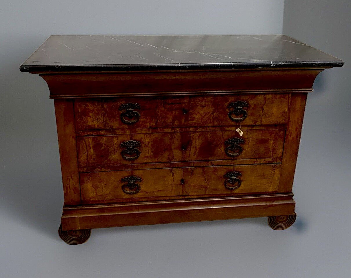 ANTIQUE FRENCH LOUIS PHILIPPE PERIOD MARBLE-TOP BURLED WALNUT COMMODE CHEST