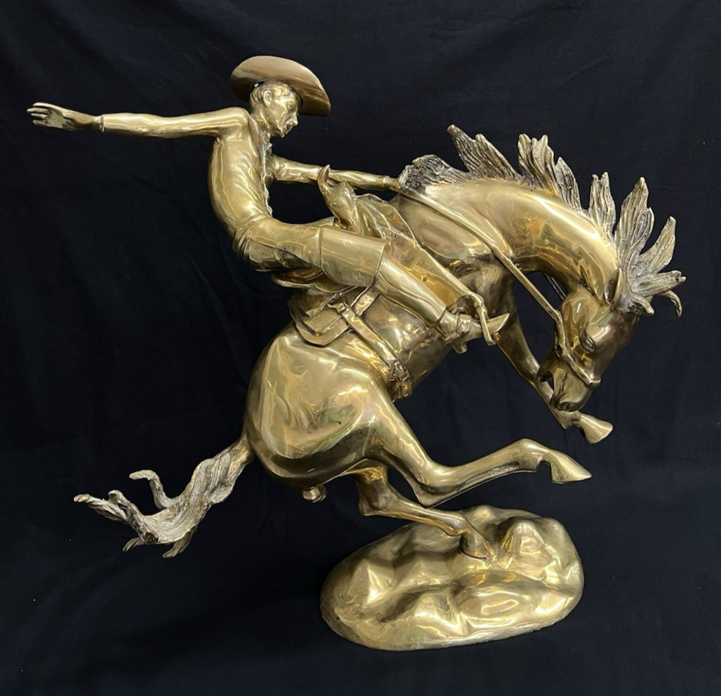 Polished Brass Wild Bucking Bronco w/ Removable Cowboy Rider Sculpture 21"