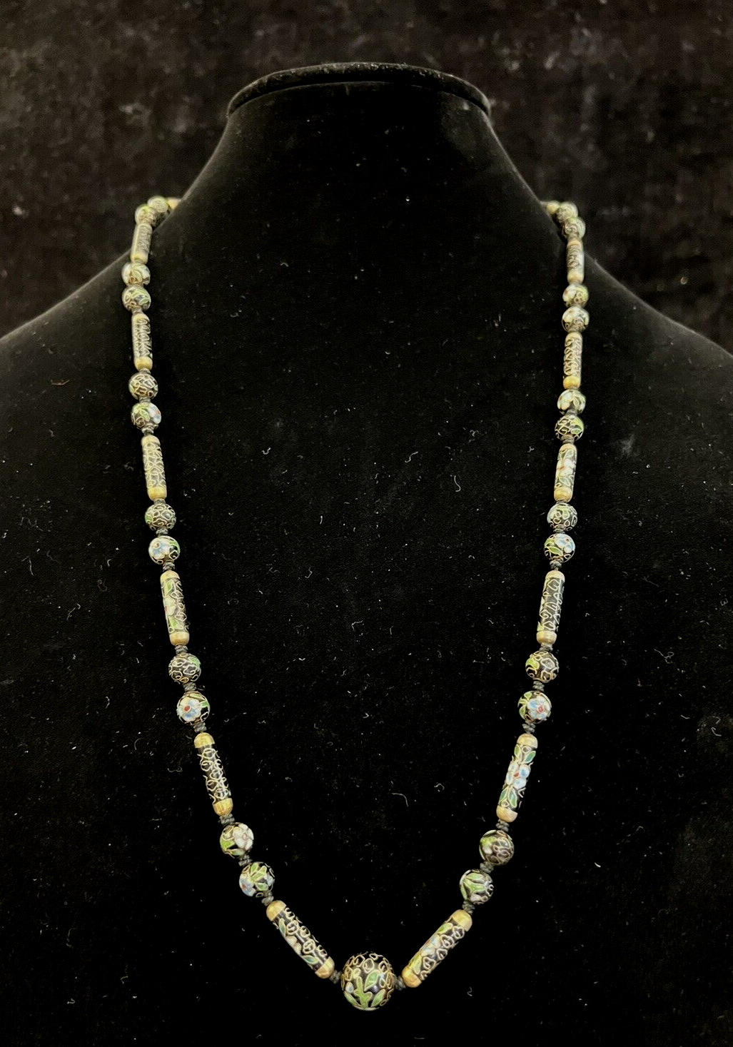 Antique Handmade 30" Cloisonne Necklace Hand Painted Black Enamel Floral Design