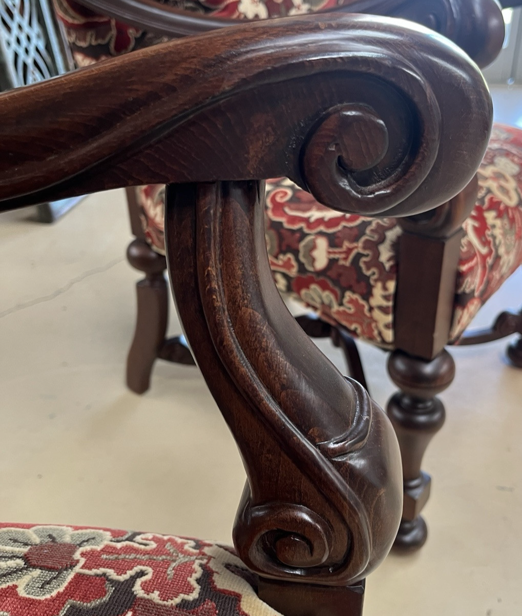 Pair French style  Armchairs  wood carved new upholstery w 2 pillows CL7