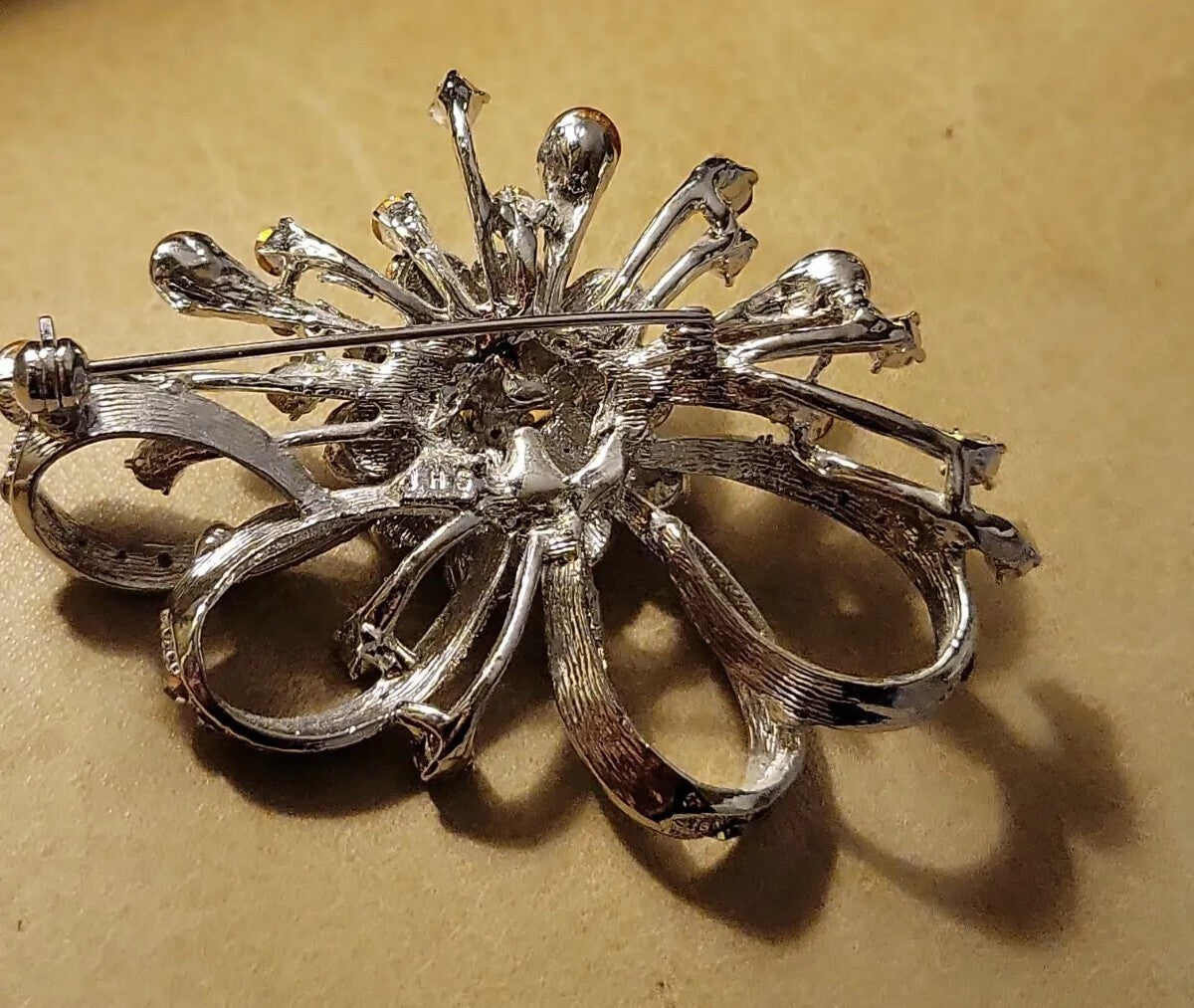 VINTAGE J.H.S. JHS Clear Rhinestones Crystals Pin Brooch Signed 3" x 2"