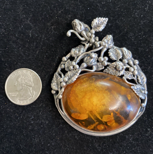 Prehistoric Authentic Baltic Amber & Sterling Silver 3" Pendant Handcrafted 61g