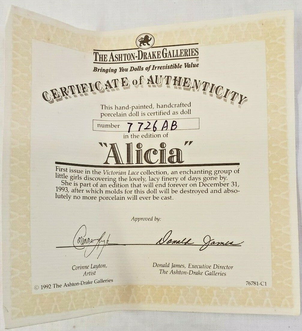 1992 The Ashton-Drake Galleries "Alicia" Porcelain Doll