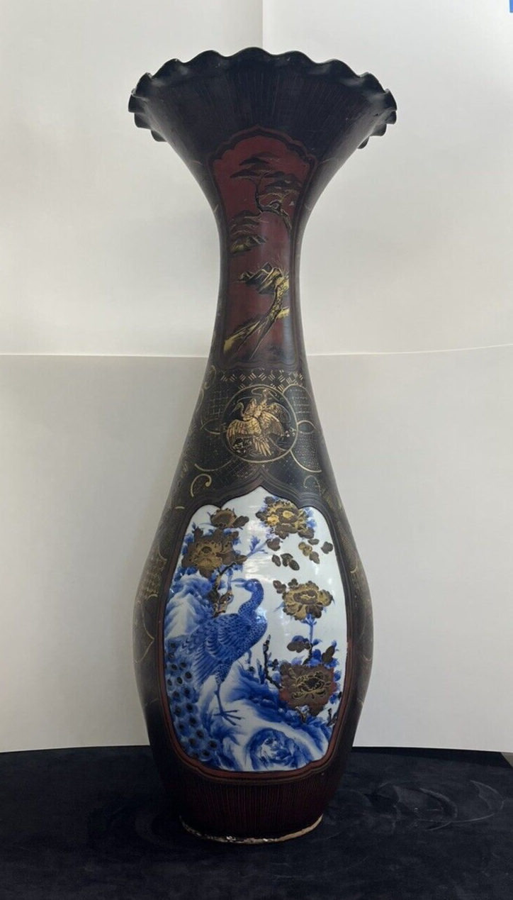 41" IMPRESSIVE MEIJI JAPANESE LACQUER COATED PORCELAIN PALACE VASE  FS1