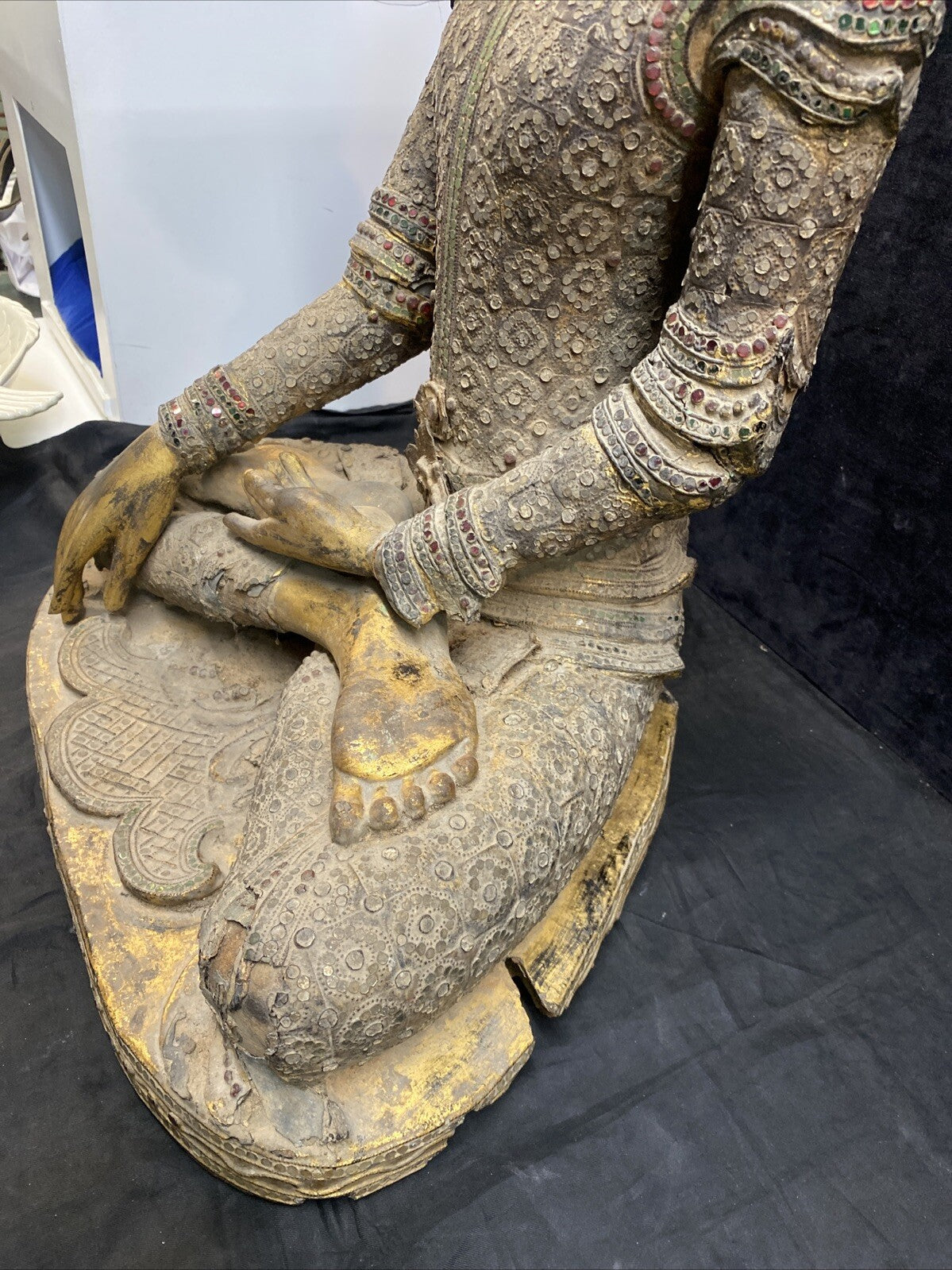 Thai Gilt Wood Seated Buddha Statue w/ Leather & Jewel Adornment