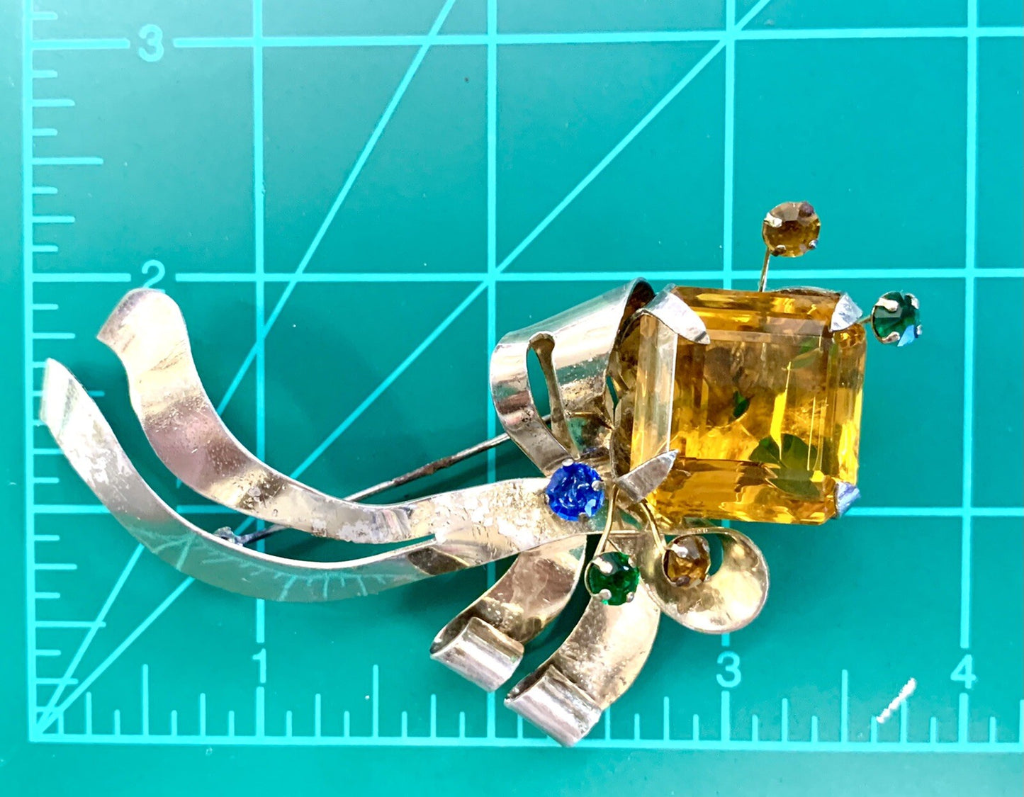 Large 1940's Floral Sterling Pin Brooch w. Large Glass Topaz Stone and more