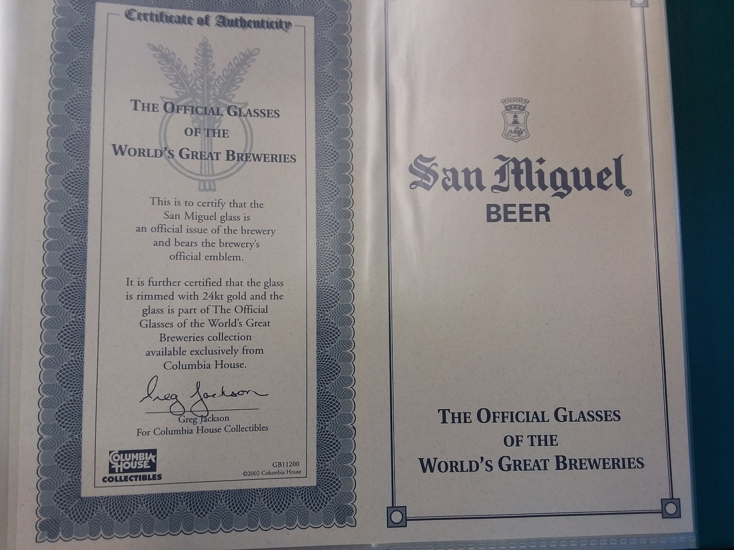 San Miguel Beer glass gold rim with certificate 7.5''