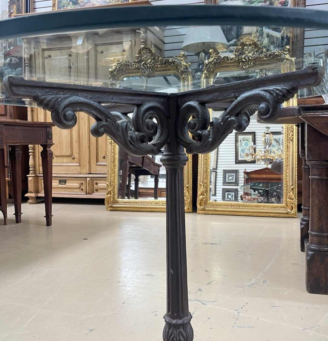 ANTIQUE FRENCH CAST IRON BISTRO/ PUB STYLE PEDESTAL TABLE W/ GLASS TOP