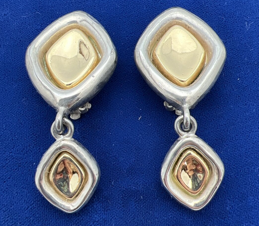 100% Authentic Givenchy Signed Vintage Earrings Clip Dangle Silver & Gold Toned