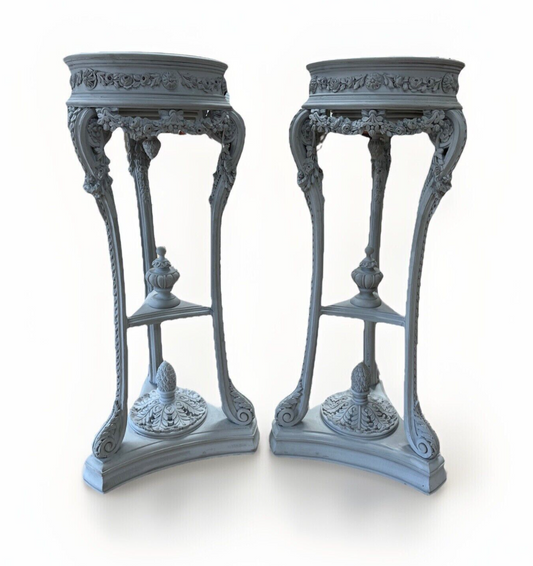 PAIR OF FRENCH LOUIS XIV GRAY-PAINTED TRIPOD JARDINIERES PLANTERS 51.5"H x 25"D