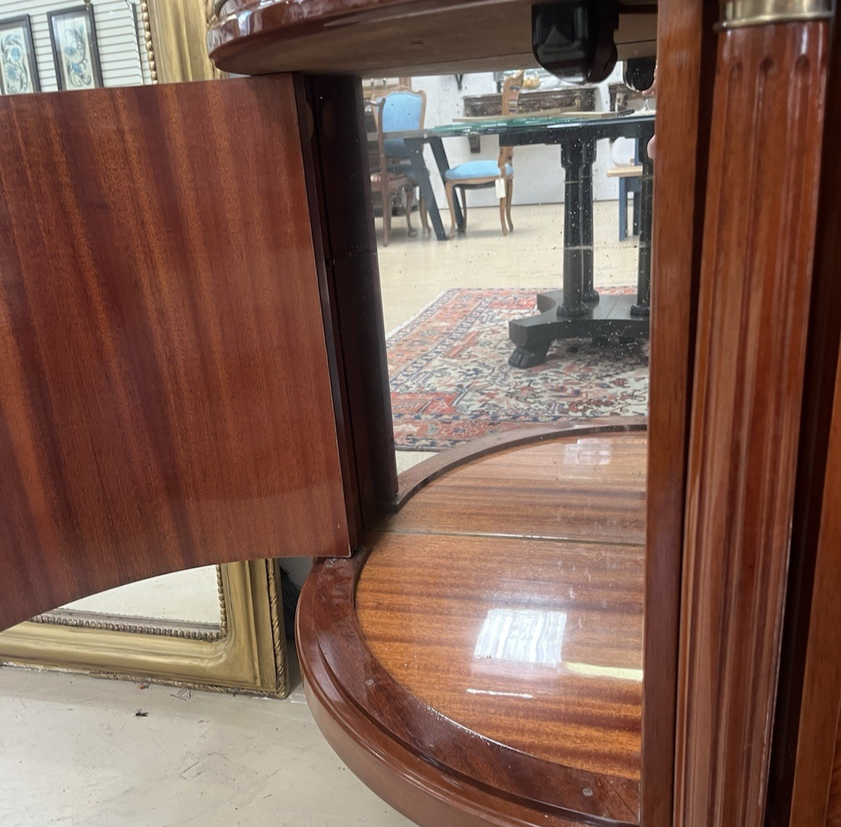 FRENCH LOUIS XVI MARBLE-TOP LACQUERED MARQUETRY DEMILUNE ENFILADE SIDEBOARD 105"