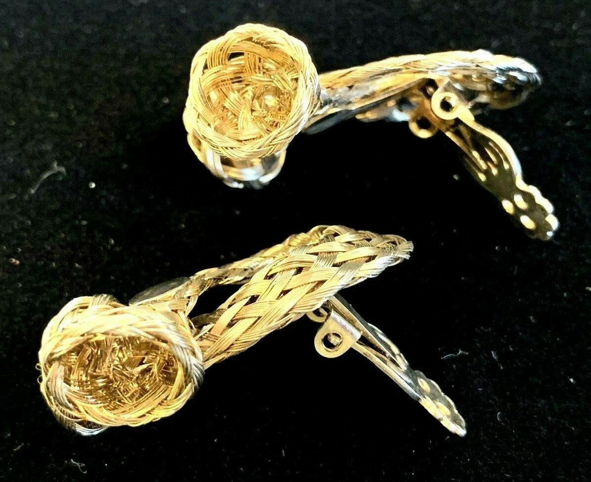 Basket Woven Gold Mesh  Clip on Vintage Earrings Swirl
