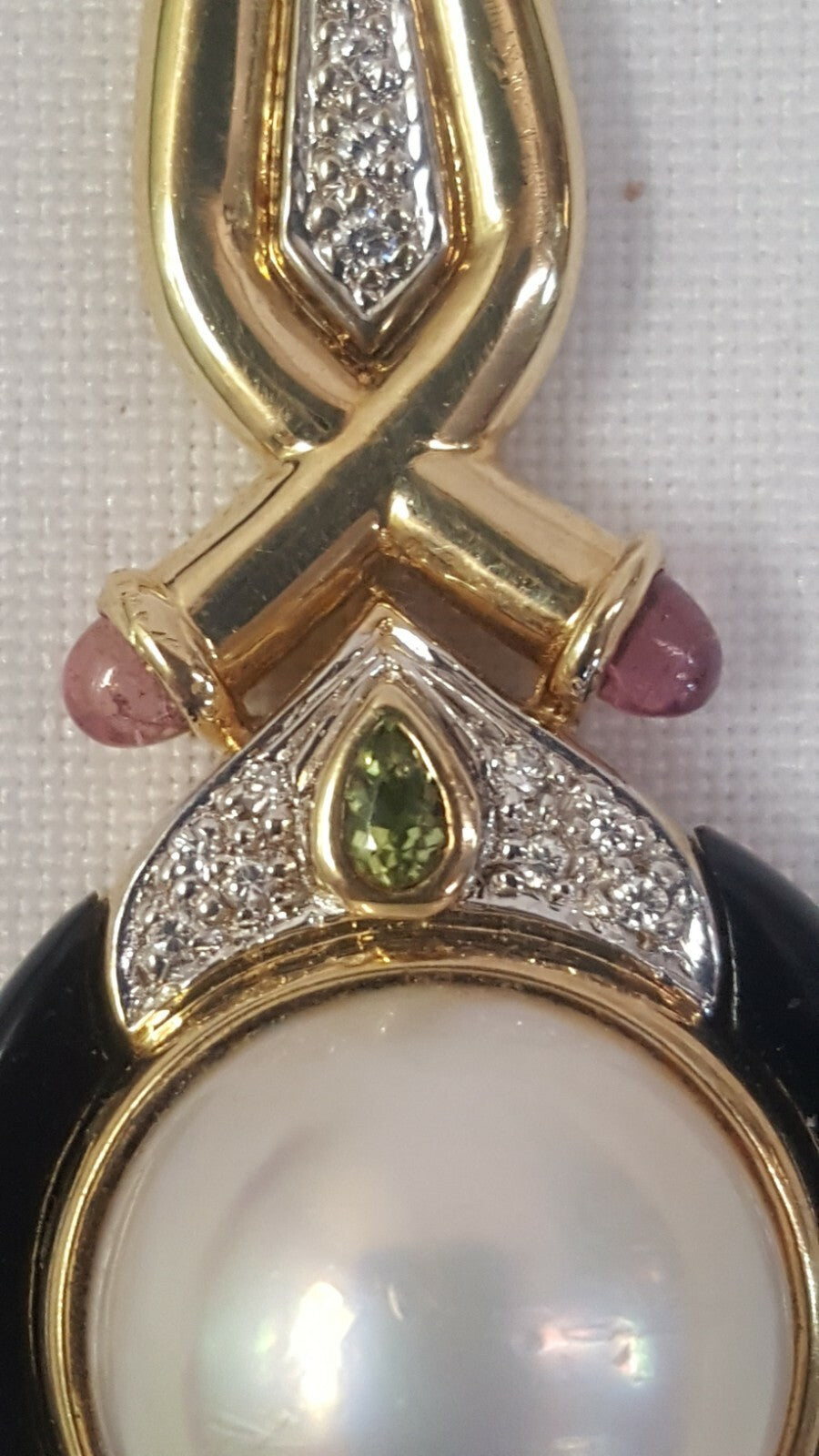 14k Mabe Pearl & Black Onyx Pendant w Amethyst Peridot Aquamarine Diamonds 14.7g