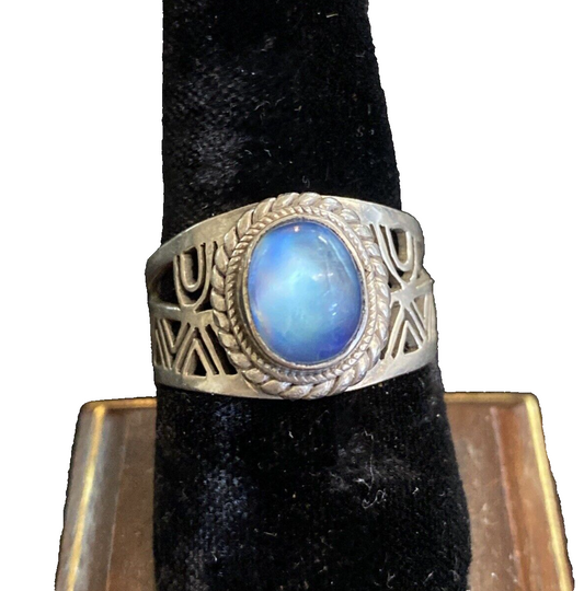 Sterling Silver 925 Blue Glass Stone Geometric Pattern Ring Sz 8.5 6.7g JM15