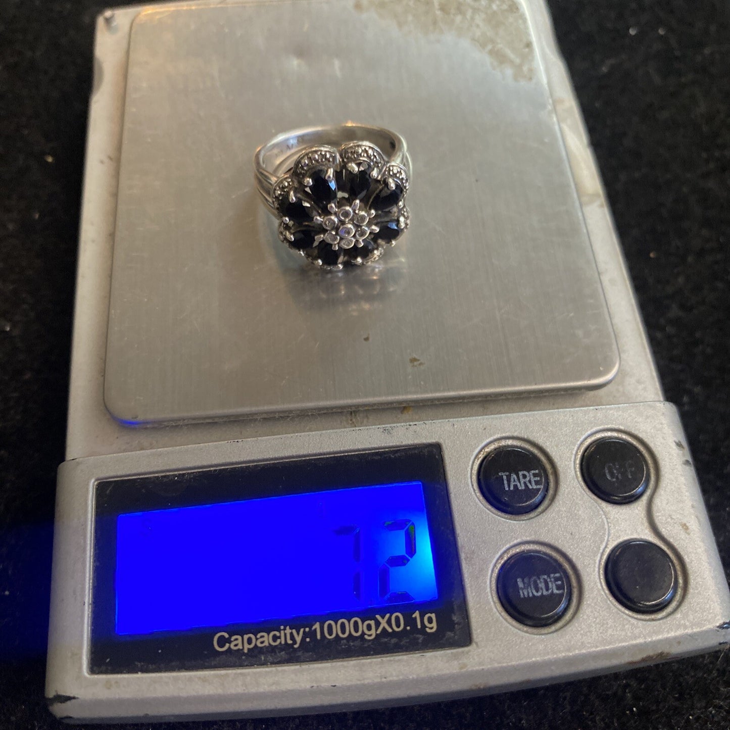 Sterling Silver 925 Onyx & CZ Stones Flower Shaped Ring SZ 7 7.2g