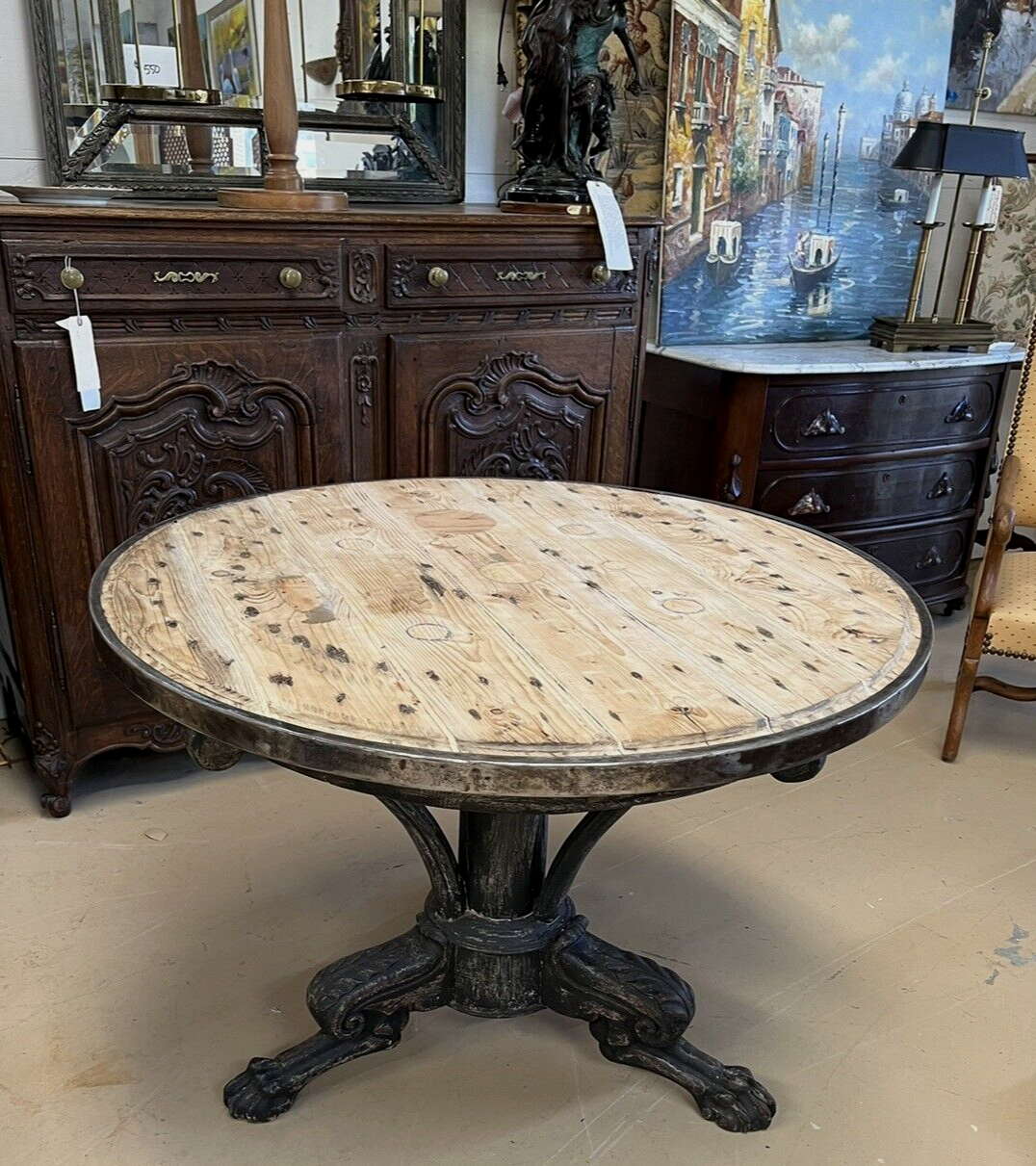 French gueridon table with planked top with stainless edge