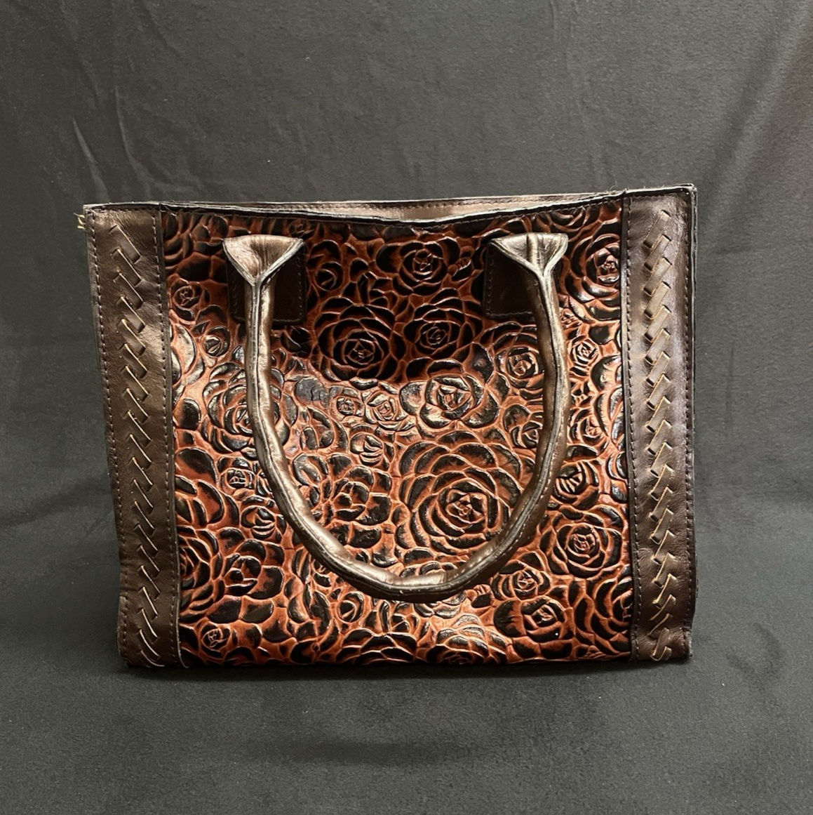 Patricia Nash Tooled Leather Brown Floral Tote Bag w/ Adjustable Strap 11.5"