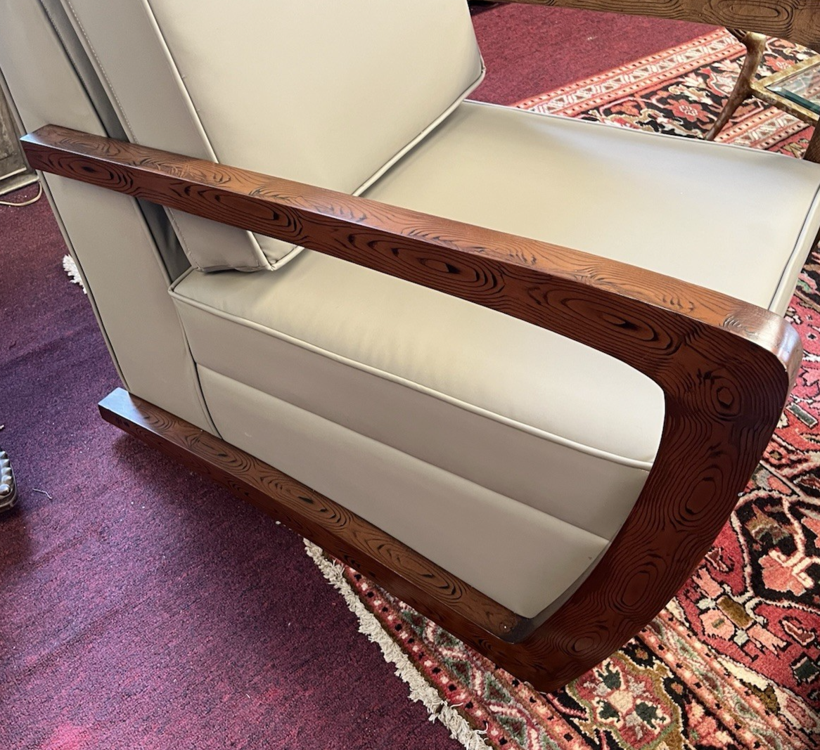 PAIR OF ART DECO STYLE UPHOLSTERED ARMCHAIRS & OTTOMANS