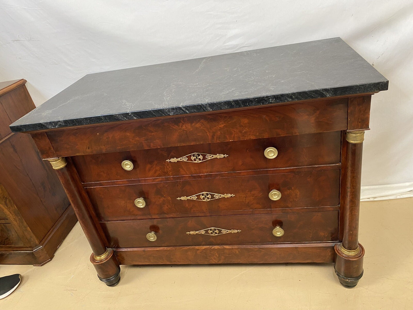 Antique Burled Walnut Mid-19th Century Empire and Marble Top Chest Commode