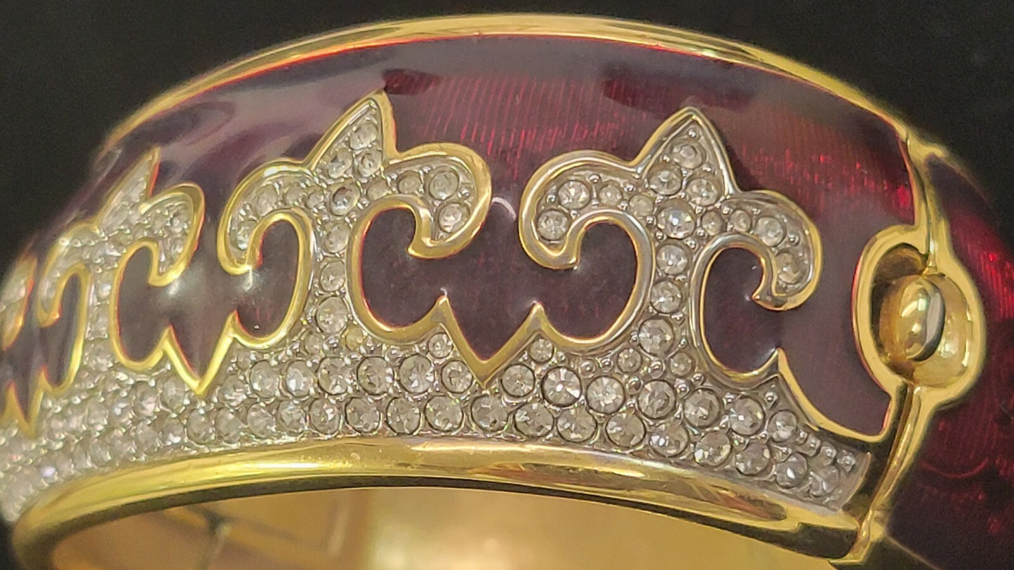 Swarovski Red Enamel Crystal Fleur De Lys Hinged Bracelet 1980s Guilloche $795