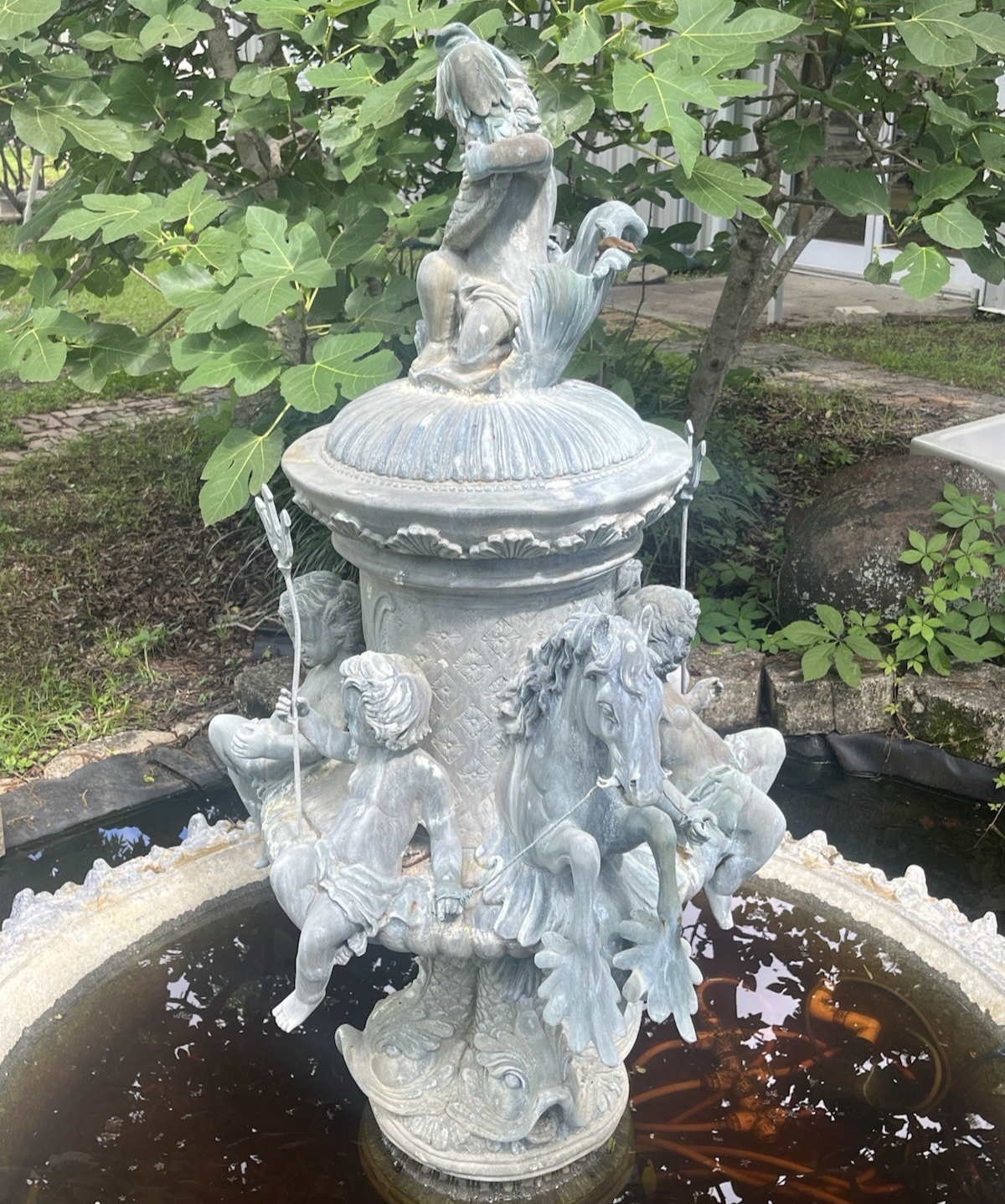 Antique Bronze Ornate Cupids and Horses Water Fountain 57" x 32" NO BASIN PB21