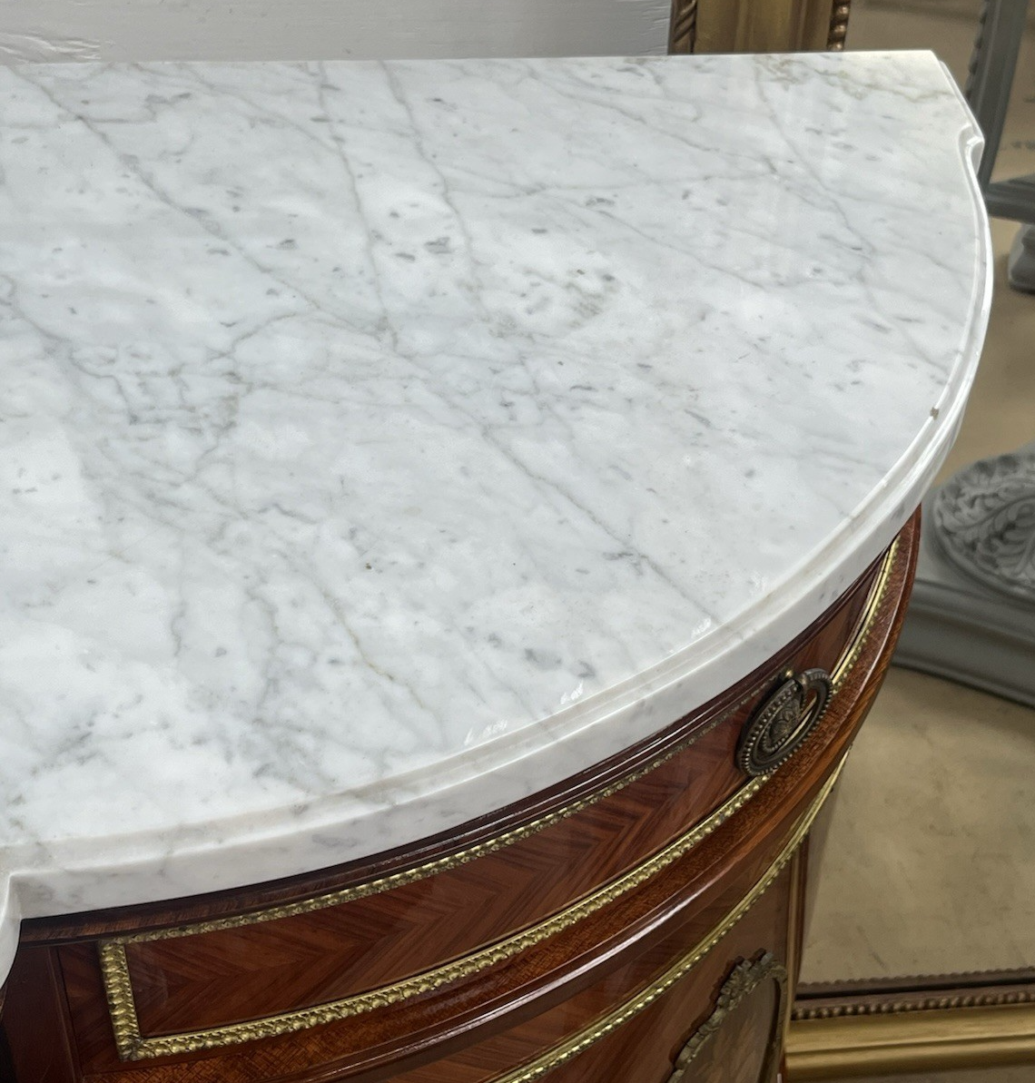 FRENCH LOUIS XVI MARBLE-TOP LACQUERED MARQUETRY DEMILUNE ENFILADE SIDEBOARD 105"