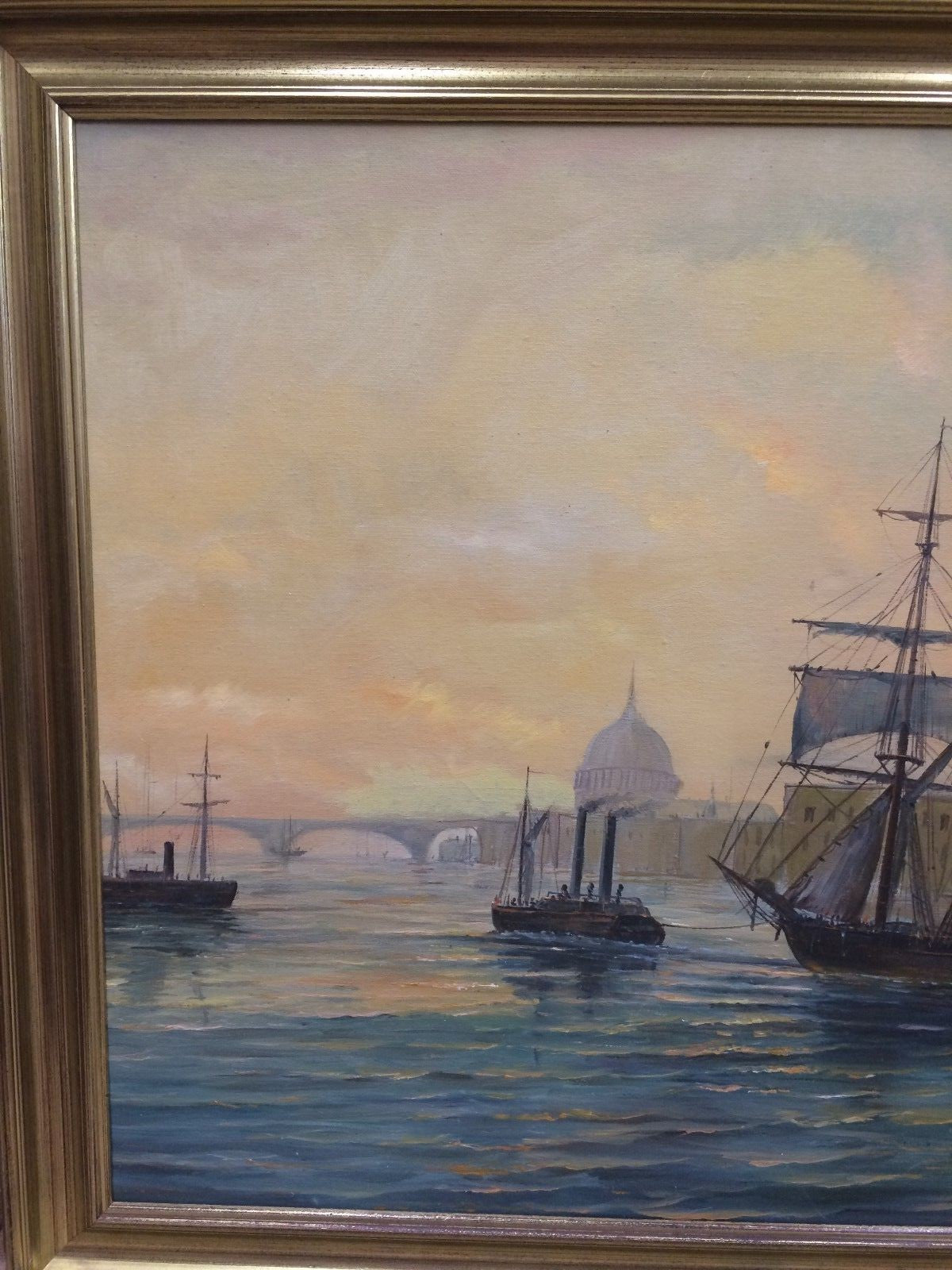Vtg Oil Painting on Canvas Boats Ships in Harbor Signed Continental  W27" x  23"