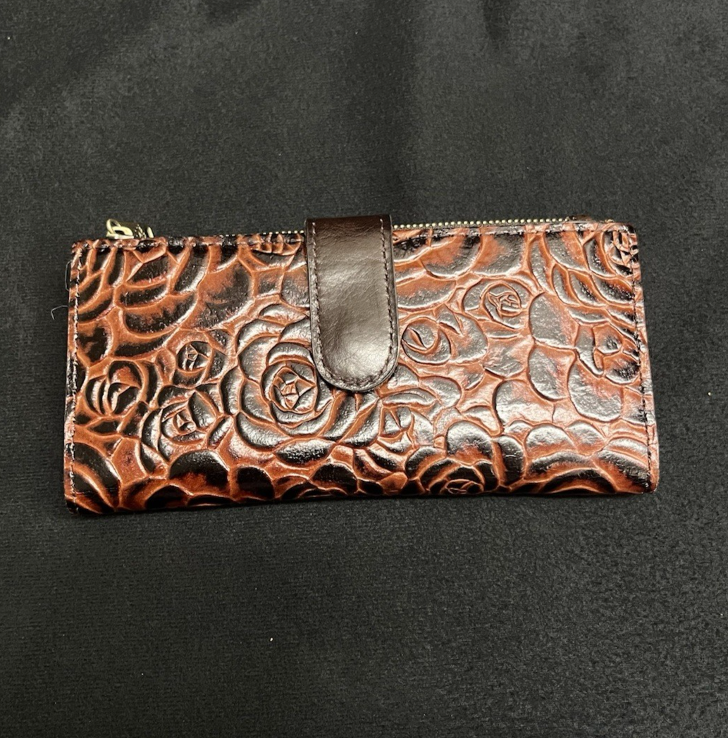 Patricia Nash Tooled Leather Brown Floral Tote Bag w/ Adjustable Strap 11.5"