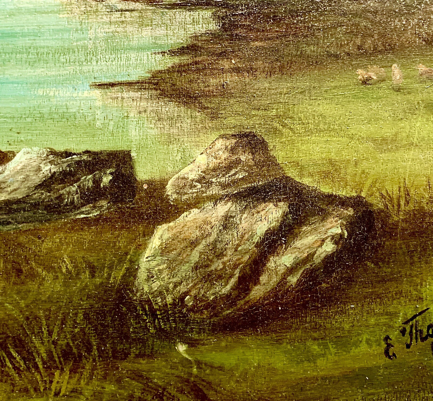 E. Thompson Oil Painting on Panel Signed 1894 Mountains & Lake Earl