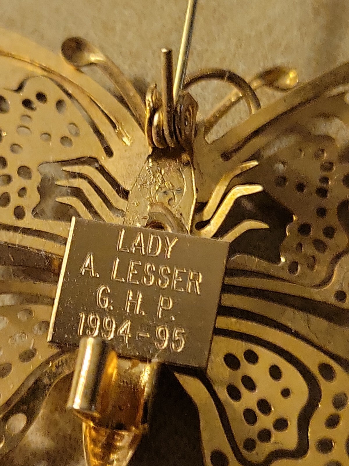 Gold Plated Butterfly Brooch Pin  Pendant Engraved Lady A. LESSER G.H.P. 1994-95