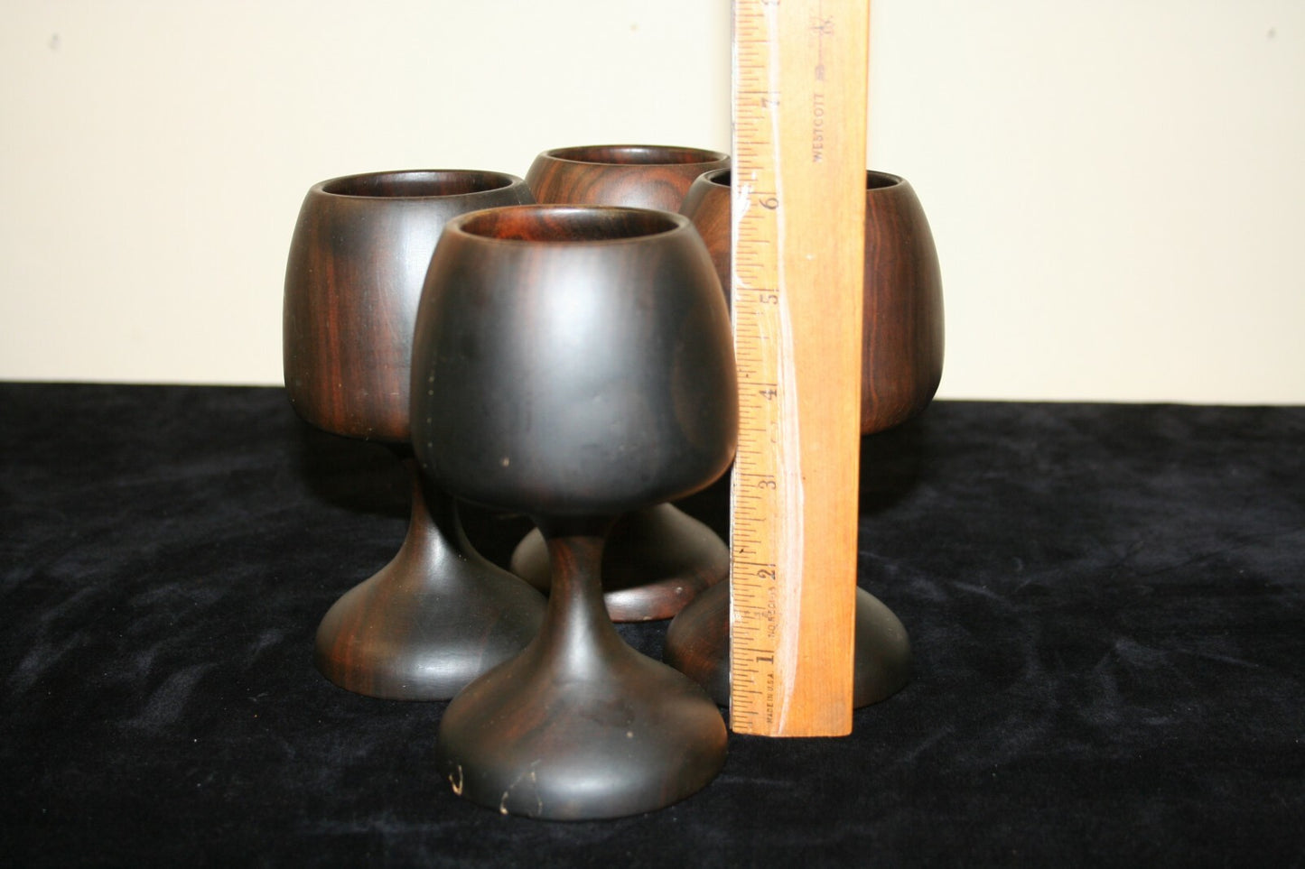 Vintage Handmade Carved Wood Goblets Chalice Shaped Lot of 4 Excellent H 6"