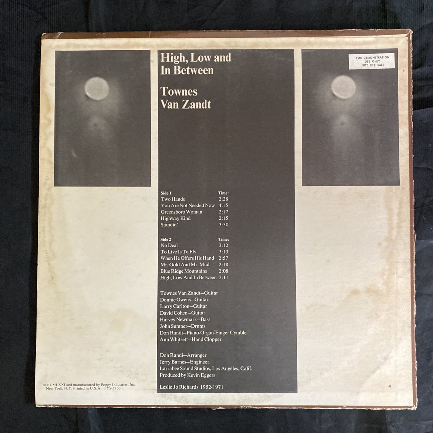 RARE! PROMO TOWNES VAN ZANDT High Low and In Between Terre Haute Poppy PYS-5700