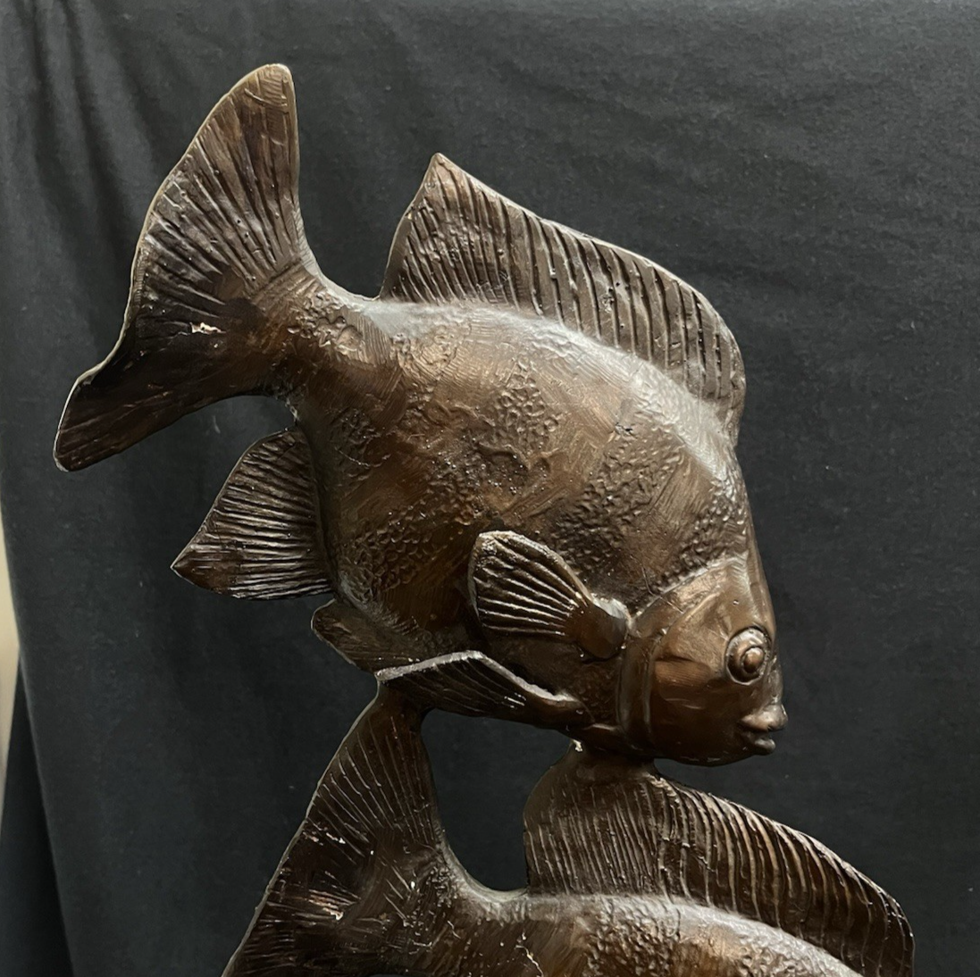 PB14 Bronze Green and Brown Three Angel Fish w/ Seaweed Sculpture/Statue 26.75"