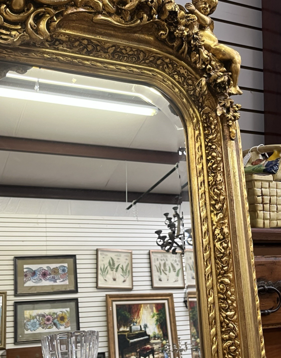 PAIR OF LARGE LOUIS XV STYLE GILT GOLD PUTTI ANGEL WALL MIRRORS, 61.5"H