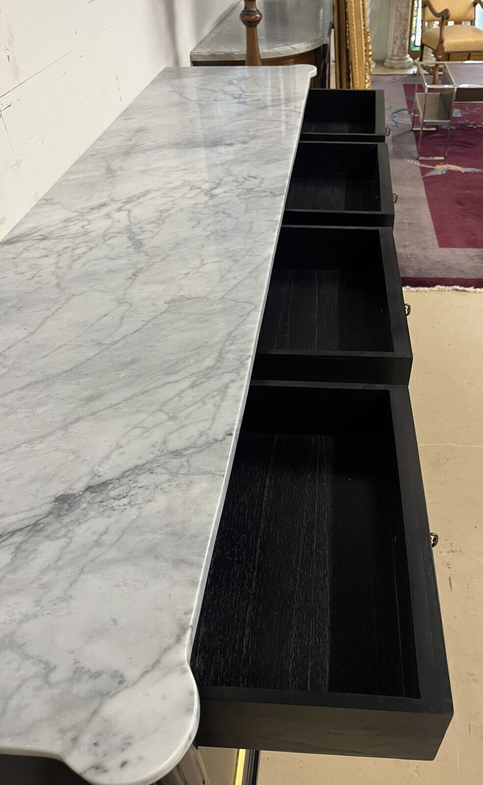 French Louis XVI Marble Top Black & Gold Cabinet Sideboard Cabinet Enfilade