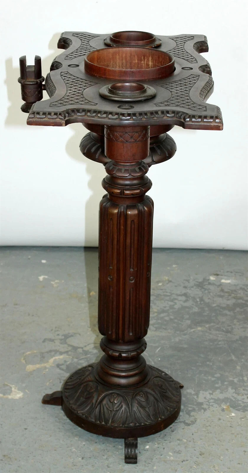 Antique German Carved Swivel Smoking Stand Black Forest Style Pipe Cigar Tobacco