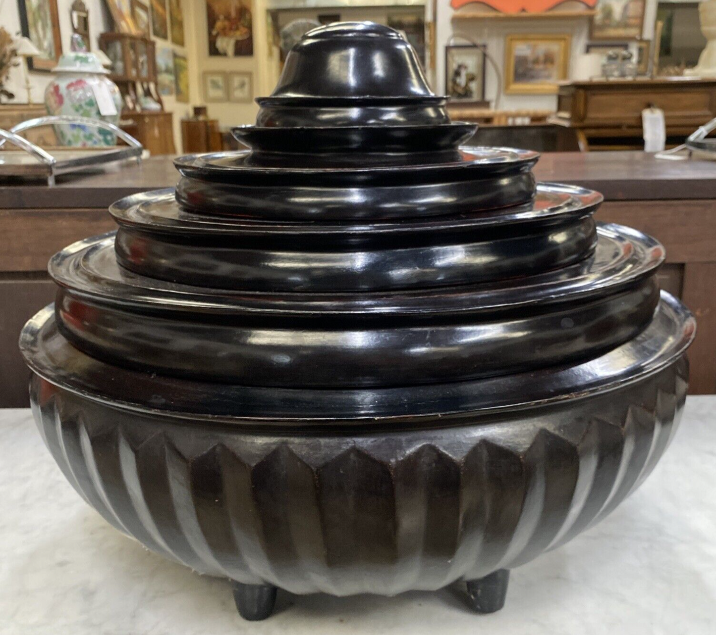 Black Burmese 6 Part Sectional Offering Temple Jar Trays Hsun Kwet BH13