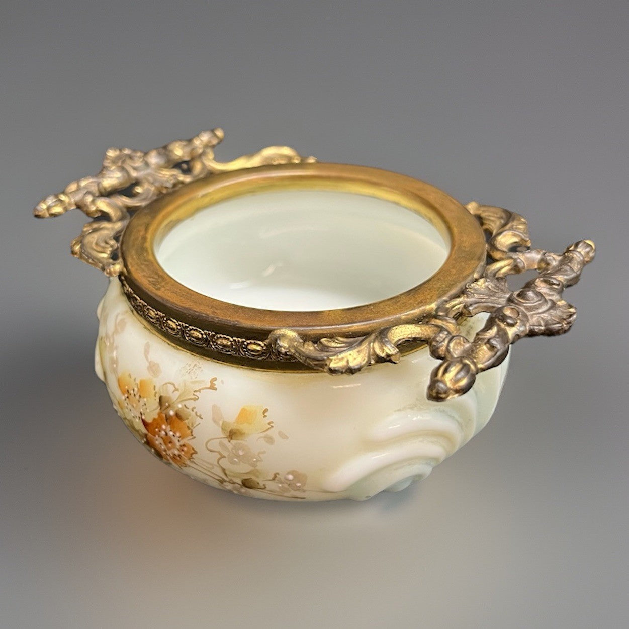 Signed C.F. Monroe Co. Wave Crest Hand Painted Opal Glass Open Pin/Trinket Dish